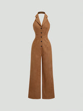 Women's Retro Faux Suede Sleeveless Jumpsuit, Brown Minimalist Casual Commuting Slimming Waisted